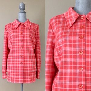Vintage 70s Coral & White Plaid Polyester Jacket